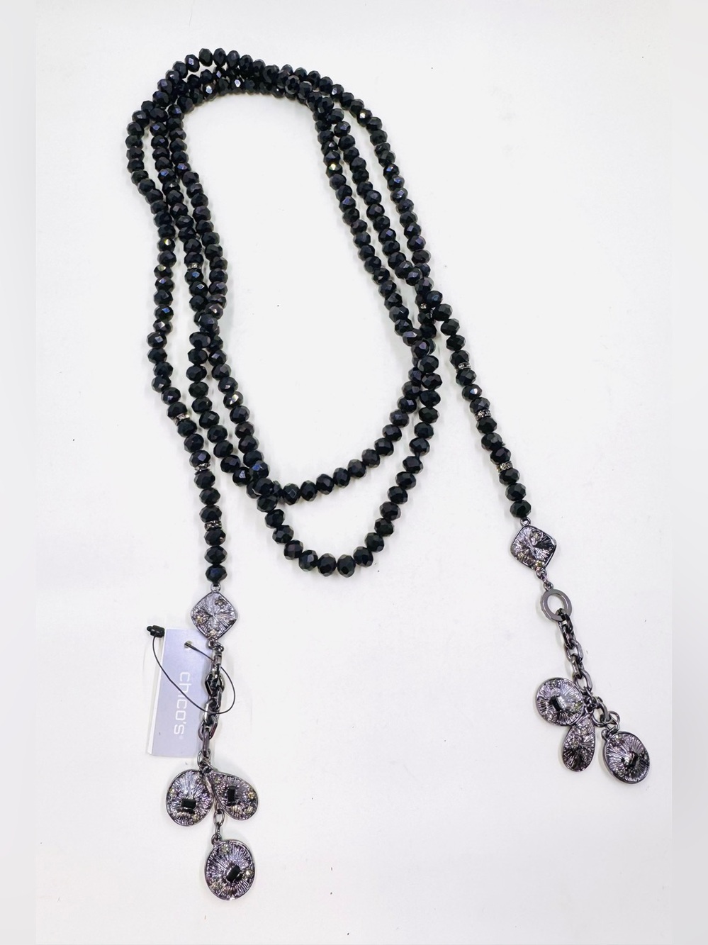 Chico's Faceted Black Glass Bead Lariat Style Necklace W/ Silver Cha Cha Accents